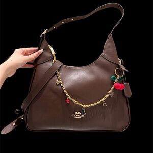 Coach Chocolate Brown Leather Shoulder Bag with Gold Charm Chain